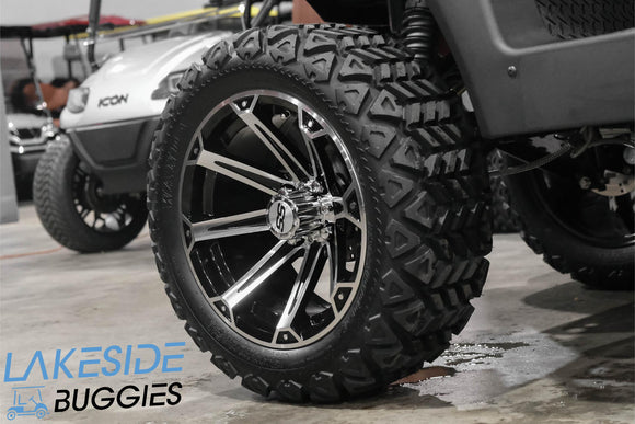 Off-road golf cart tire and rim.