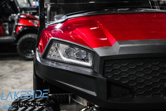 Red golf cart front.