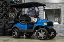 Blue golf cart with black seats and custom wheels.
