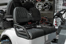 Black and white golf cart seats.