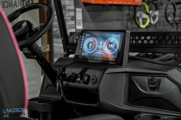 Golf cart dashboard with digital display.