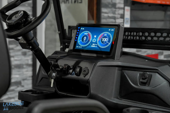 Golf cart dashboard with digital display.