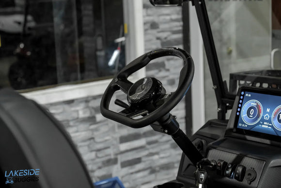 Golf cart steering wheel and dashboard.