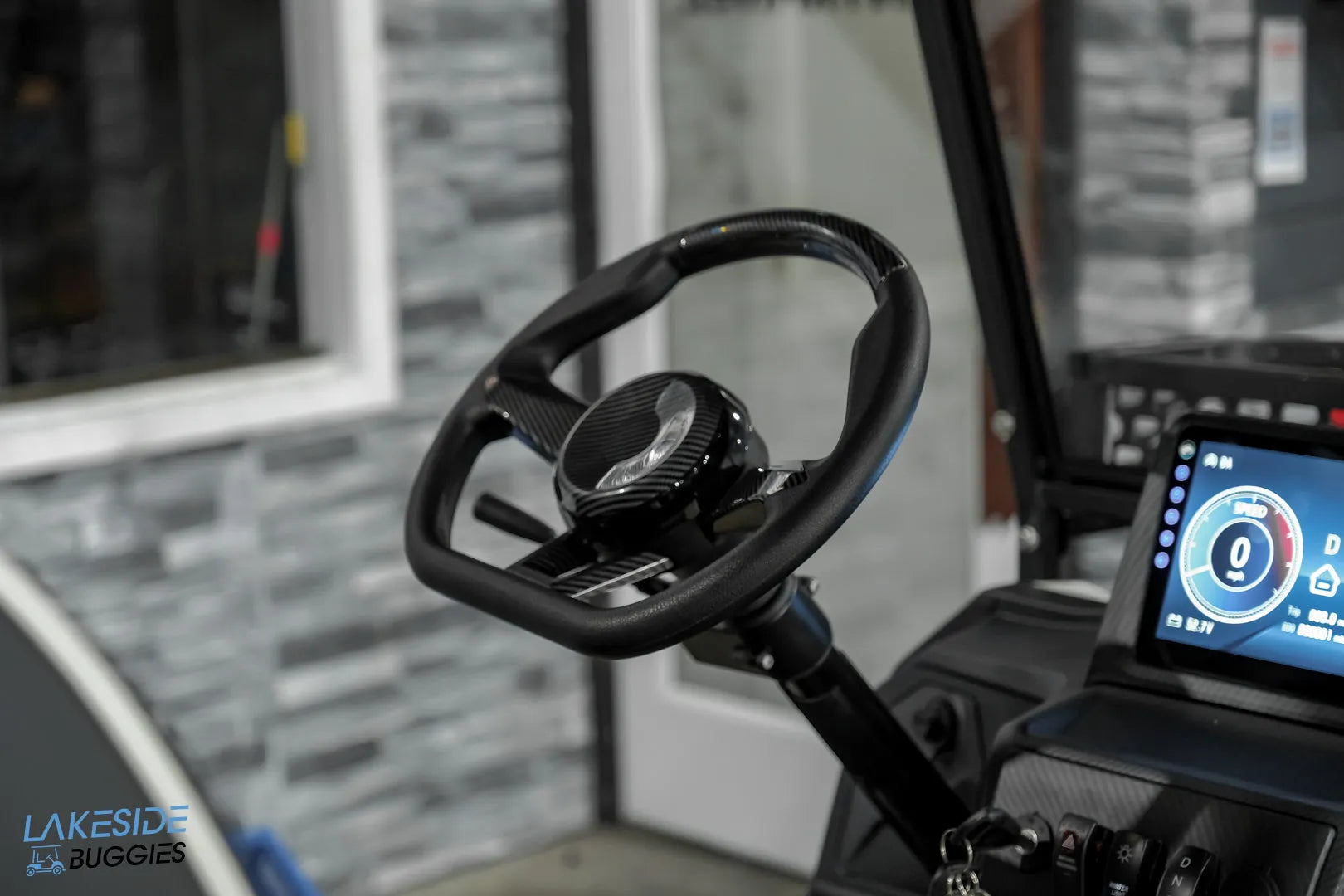 Black golf cart steering wheel and dashboard.