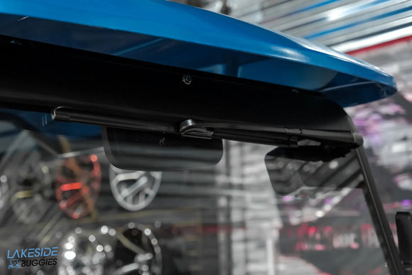 Blue golf cart roof with windshield wiper.