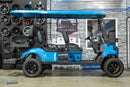 Blue six-seater golf cart.
