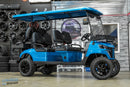 Blue six-seater golf cart.