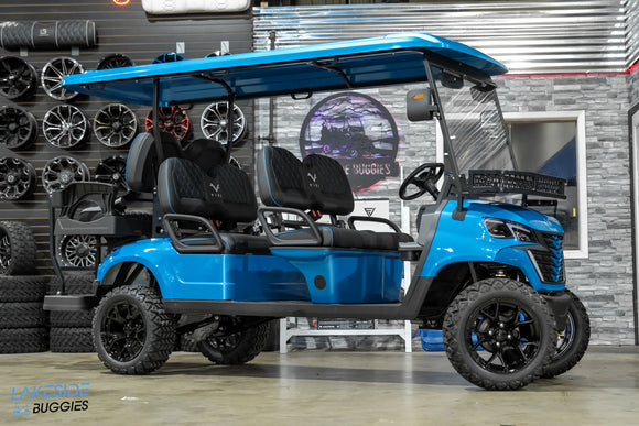 Blue six-seater golf cart.