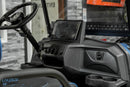 Golf cart dashboard with steering wheel.