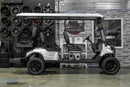 Silver six-seater golf cart.