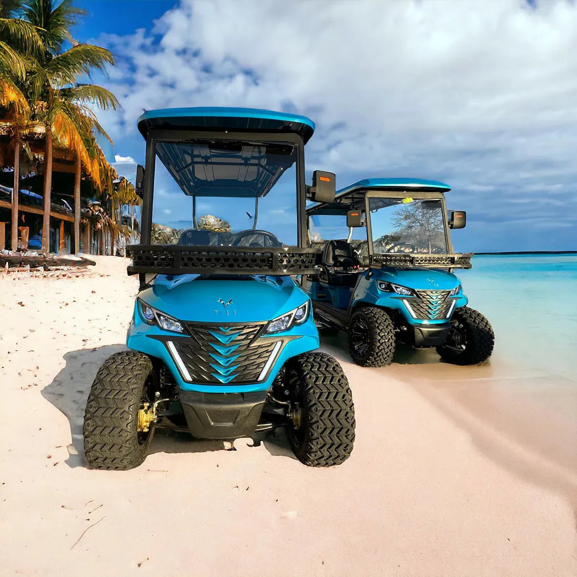 Two blue golf carts.