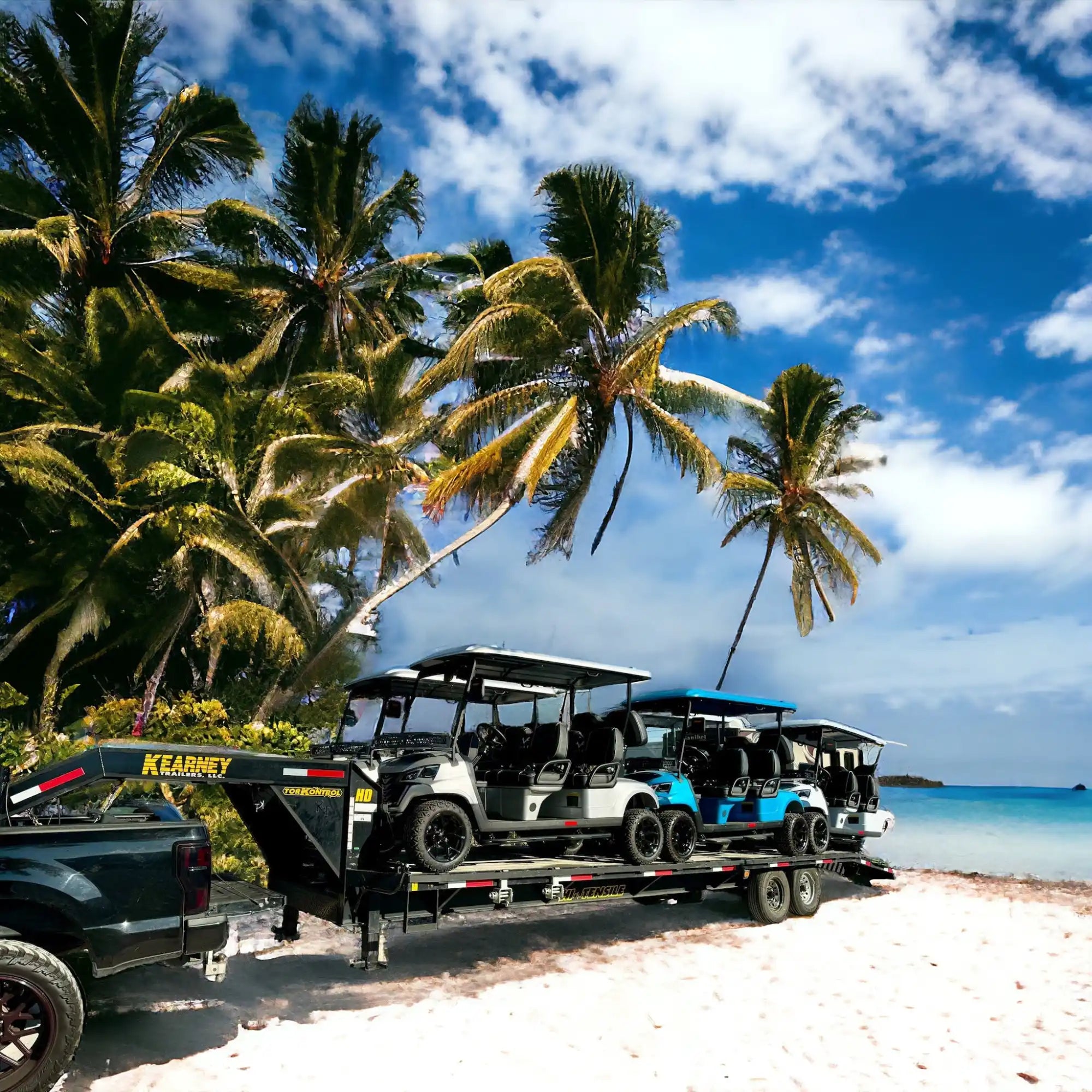 Golf carts on a trailer.