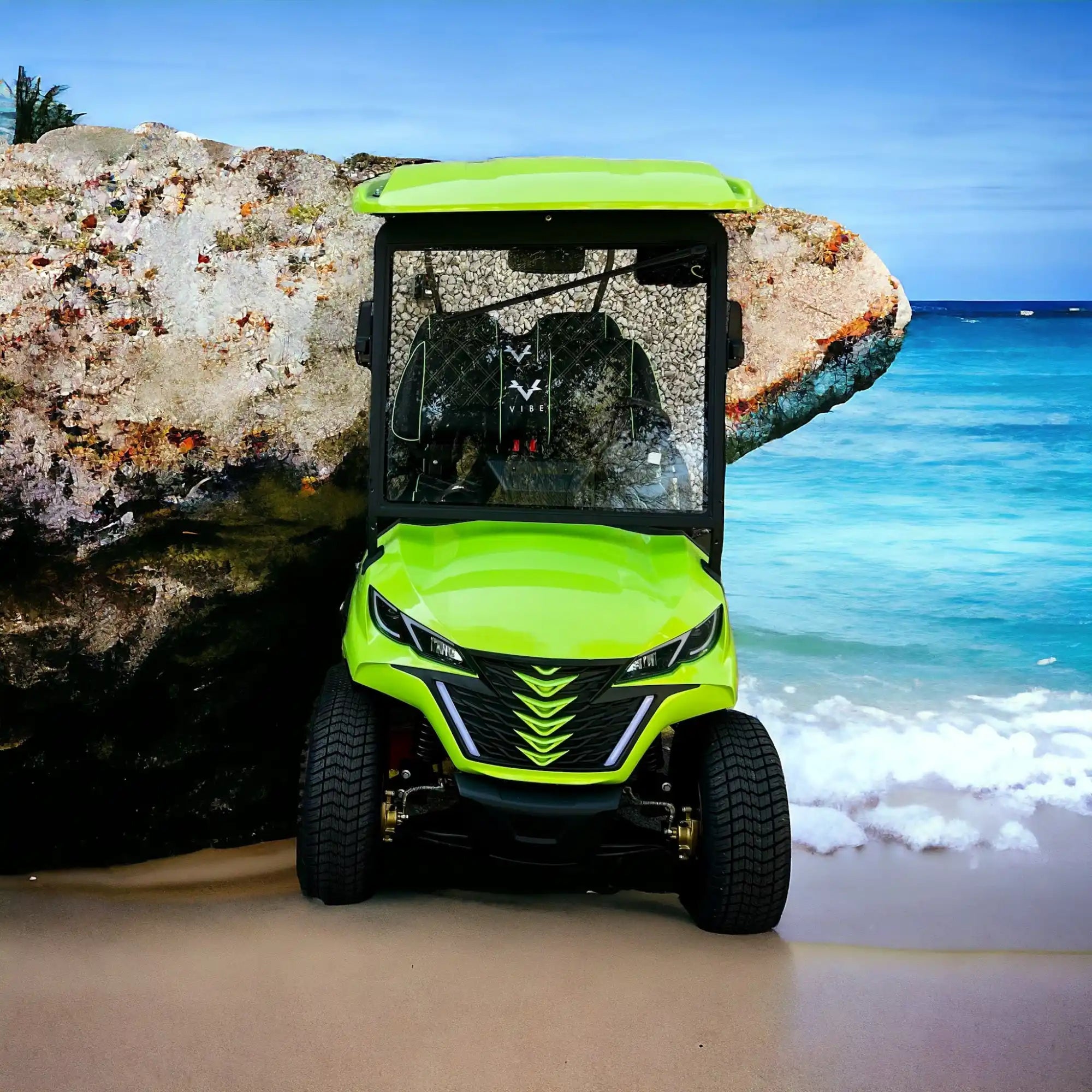 Lime green golf cart.