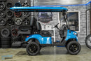 Blue golf cart with black wheels.