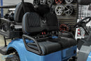 Blue golf cart with black seats.