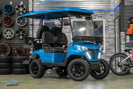 Blue golf cart with black wheels.