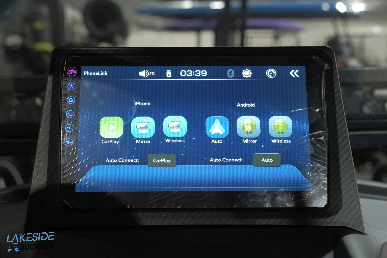 Car infotainment system with cracked screen.