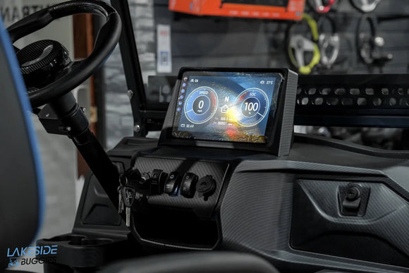 Golf cart dashboard with digital display.