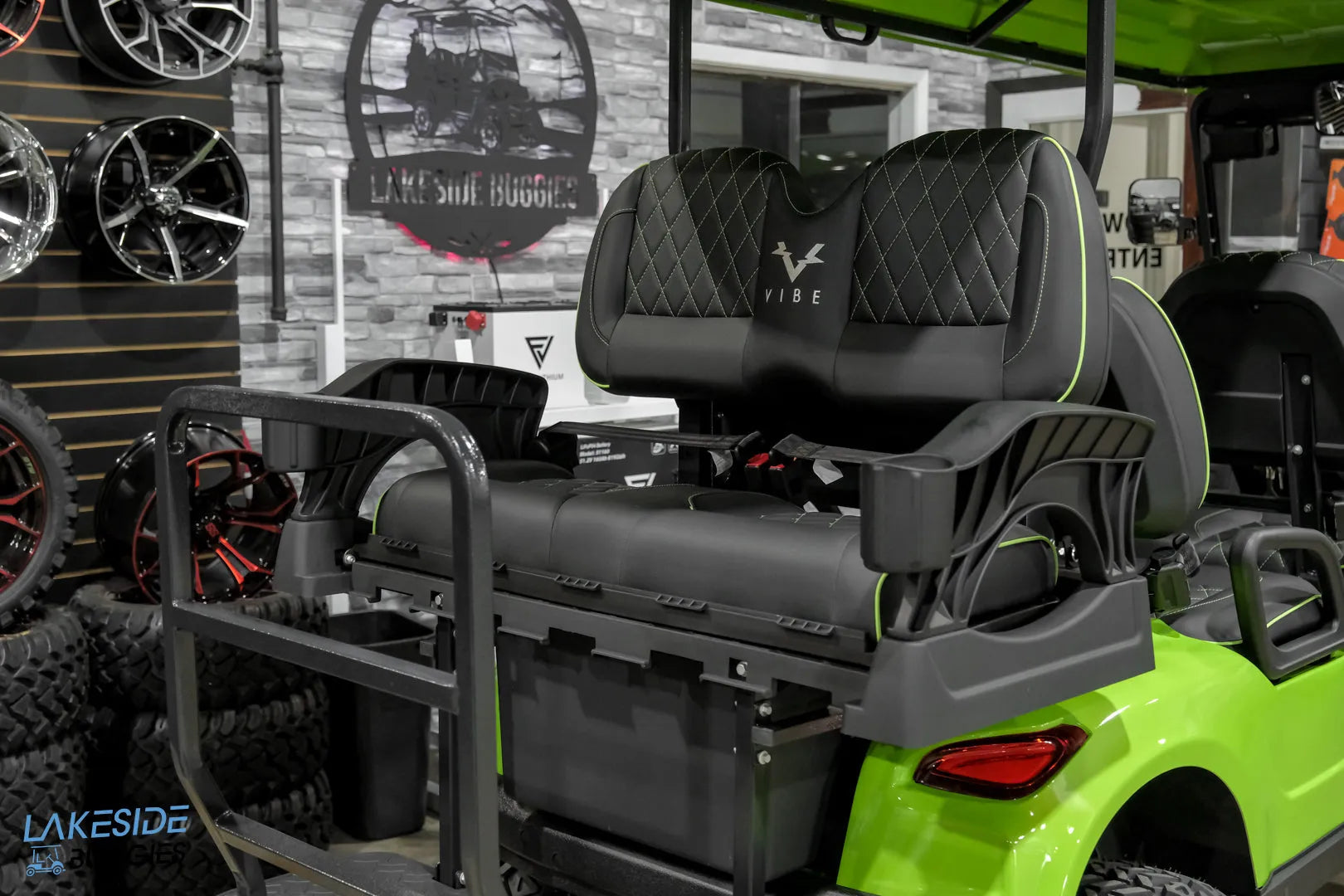 Lime green golf cart rear seat.