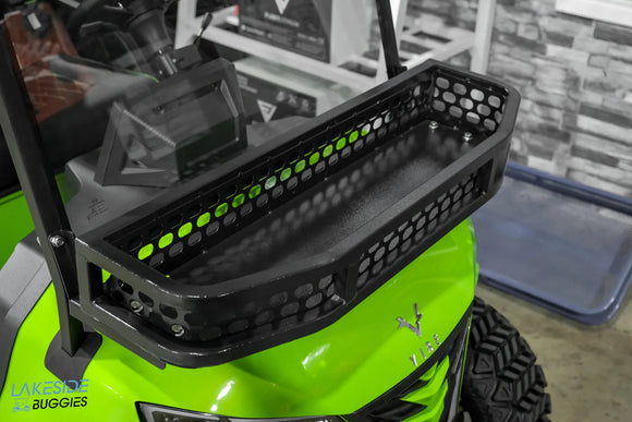 Black metal golf cart basket.