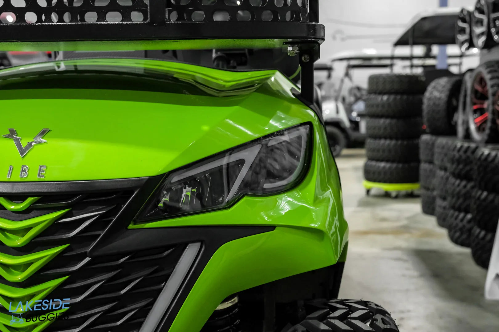 Lime green golf cart.