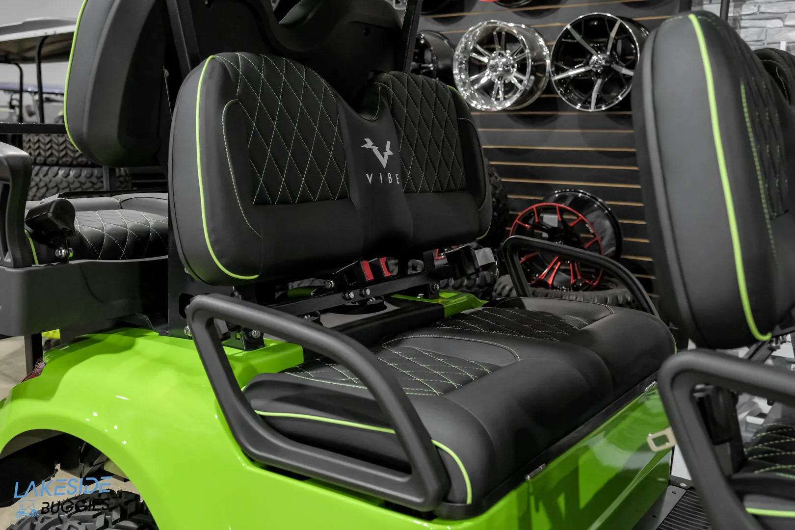 Lime green golf cart seating.