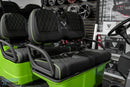Green golf cart with black diamond-stitched seats.