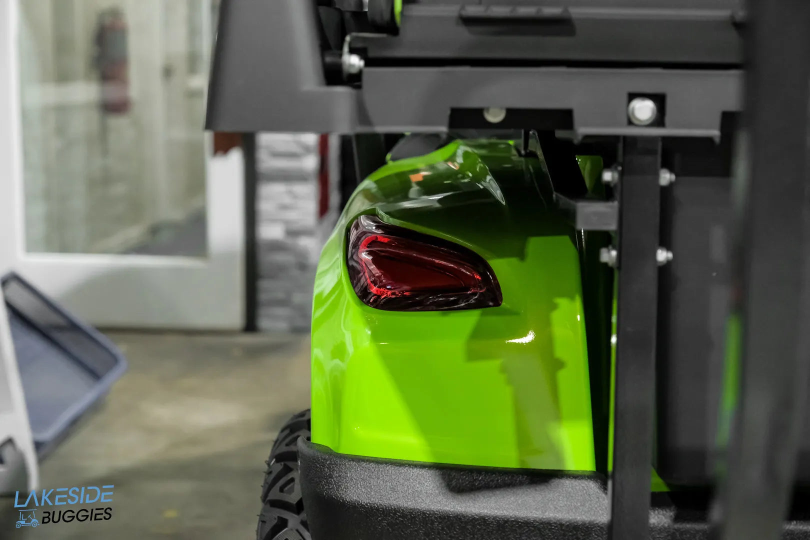 Lime green golf cart rear.