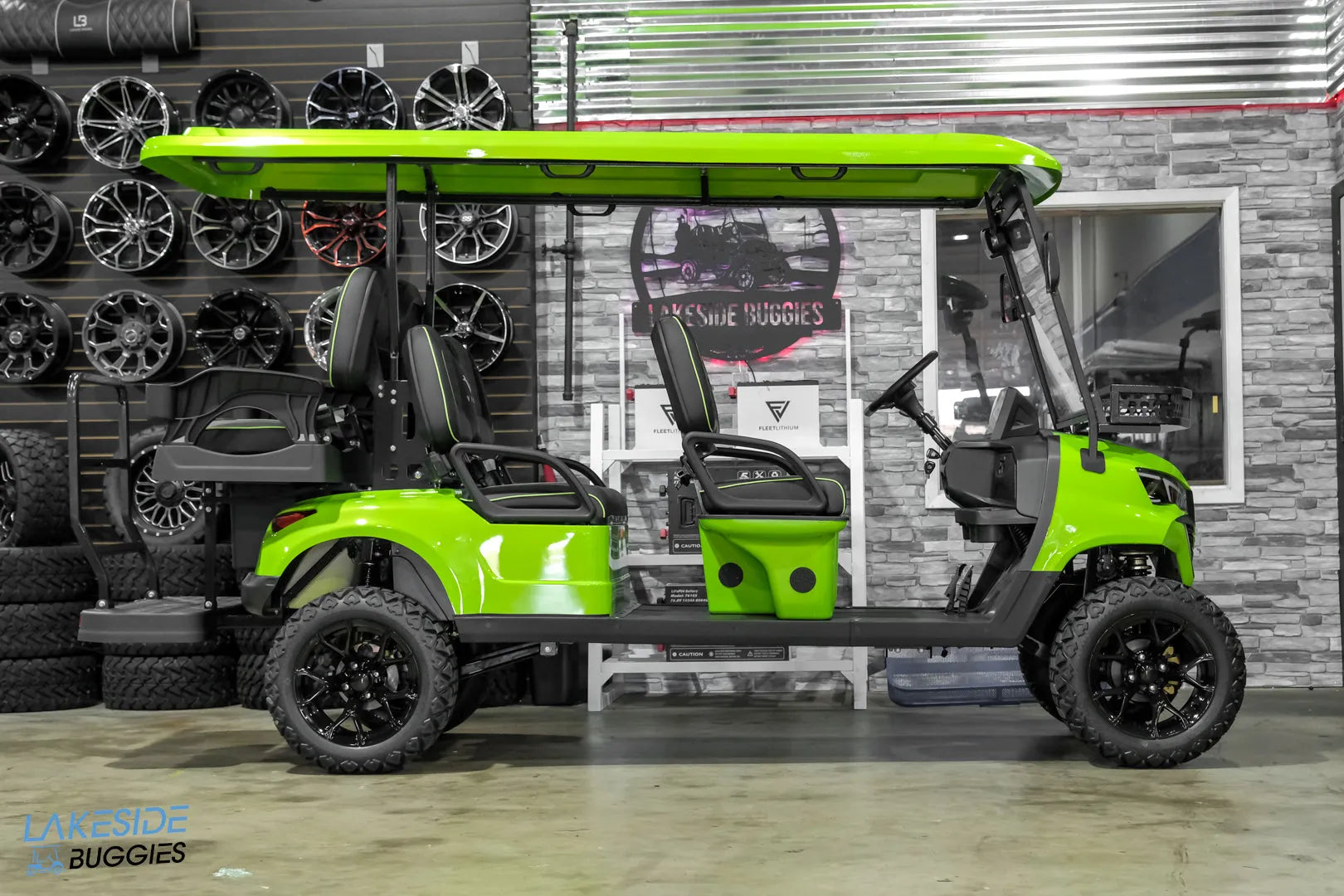 Lime green six-seater golf cart.