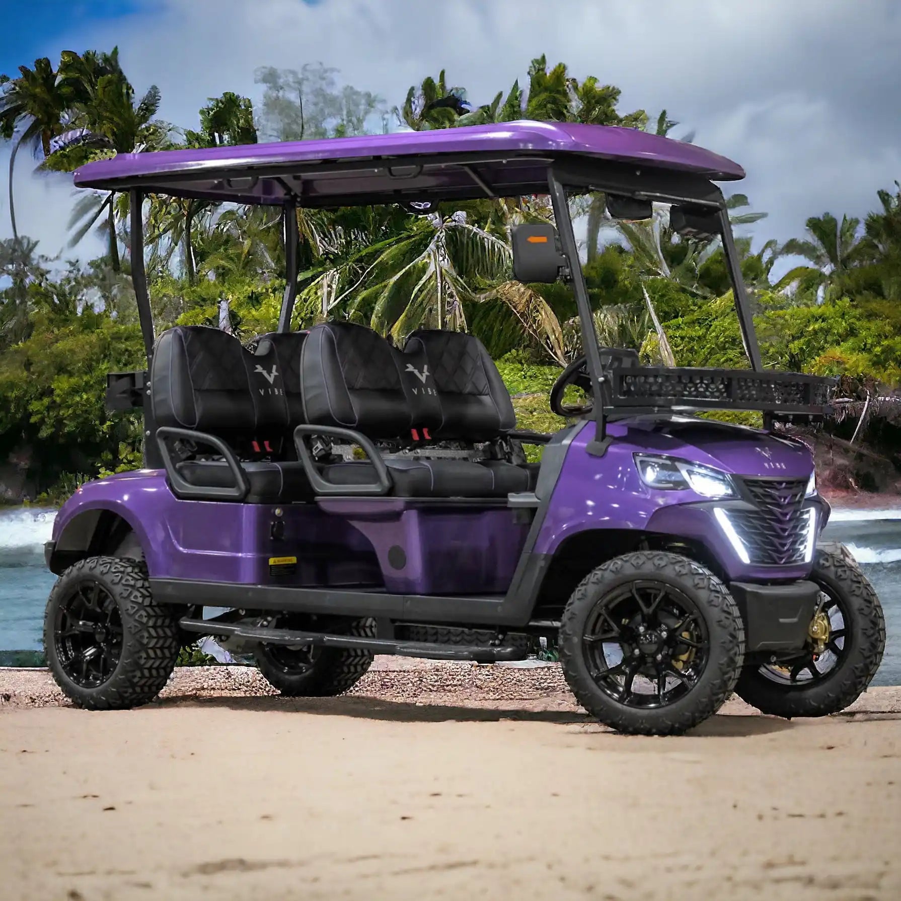 Purple six-seater golf cart.
