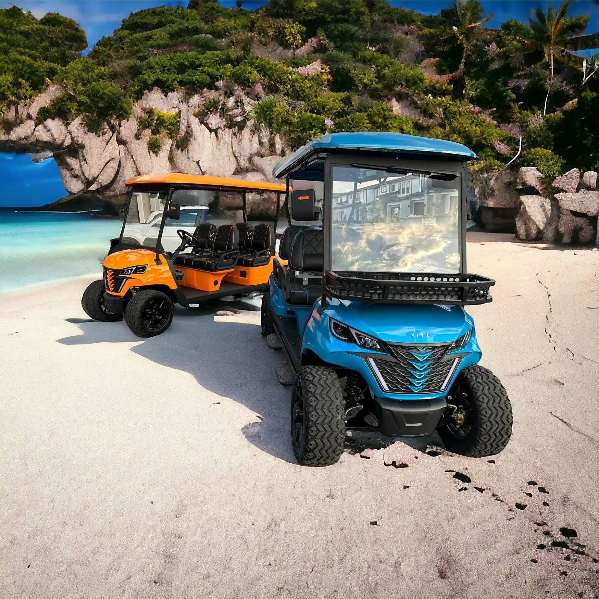 Two colorful golf carts.