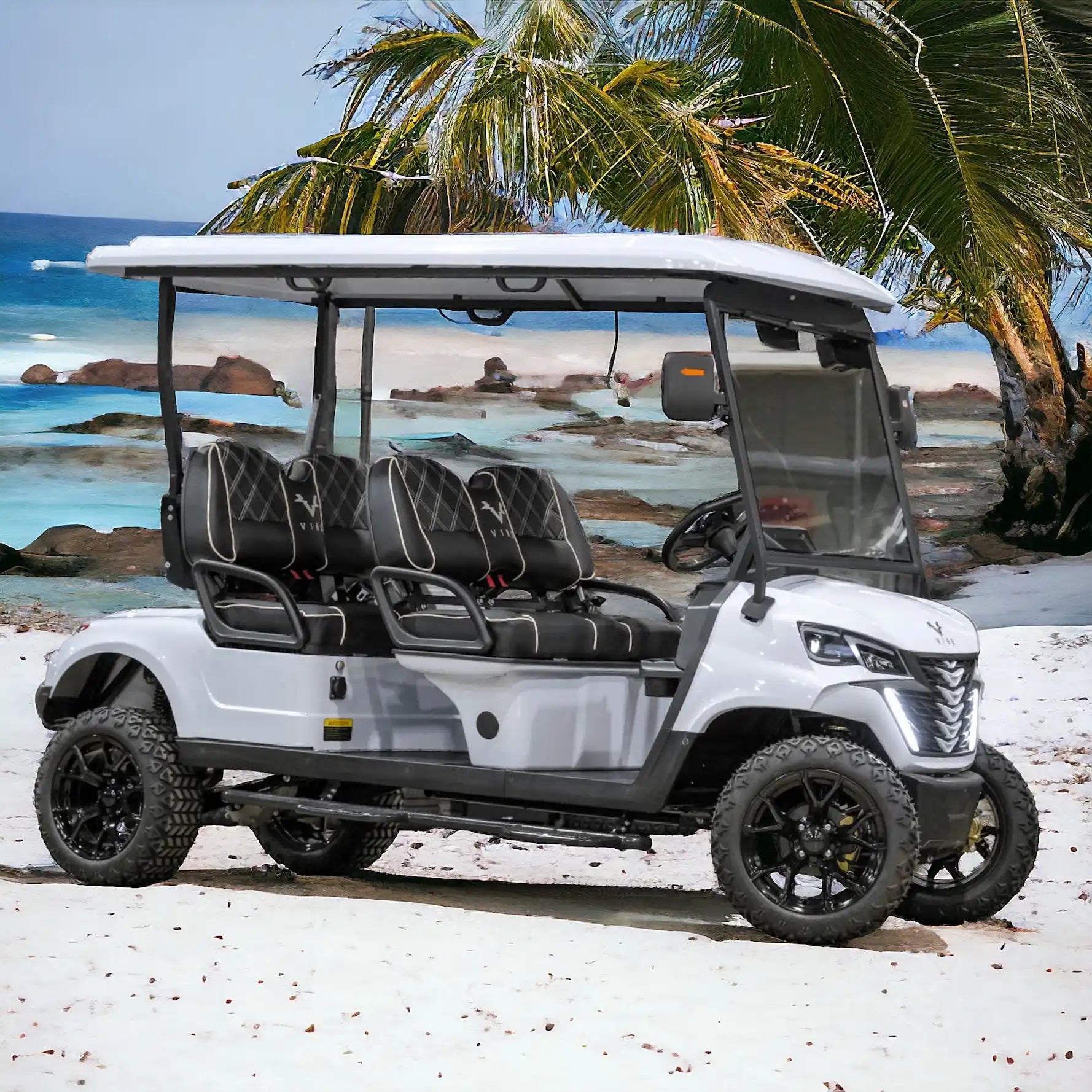 White six-seater golf cart.